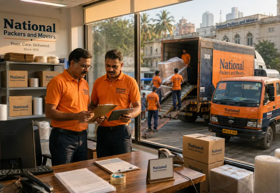 An early-morning scene at a National Packers and Movers operations hub in Mumbai. A clean dispatch office with large windows overlooks a yard where an orange…