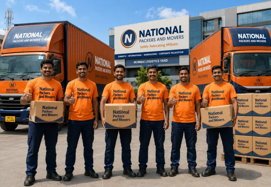 A professional team of 6 Indian movers and supervisors from National Packers and Movers stand proudly in front of two orange-and-dark-blue container trucks. …