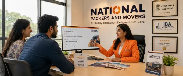 A friendly customer consultation scene inside a bright National Packers and Movers office in Mumbai. A young Indian couple sits across a modern desk from a k…