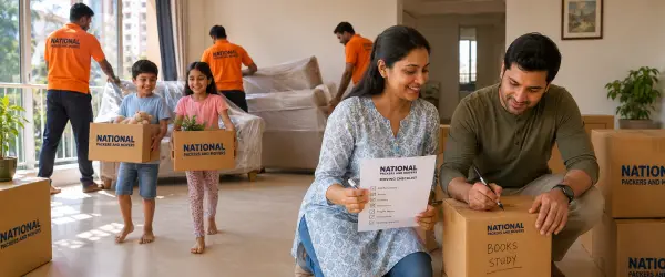 A well-organized moving day preparation scene inside a tidy Mumbai apartment. An Indian woman in casual home attire checks items off a printed National Packe…