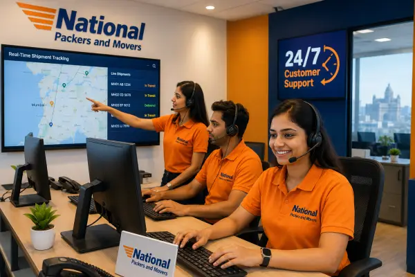 A dedicated customer support scene inside the National Packers and Movers call center in Mumbai. Three professional Indian customer service representatives w…