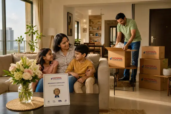 A serene family moment inside a fully unpacked Mumbai apartment. An Indian mother and her two children sit on a reassembled sofa, smiling and relaxed, while …