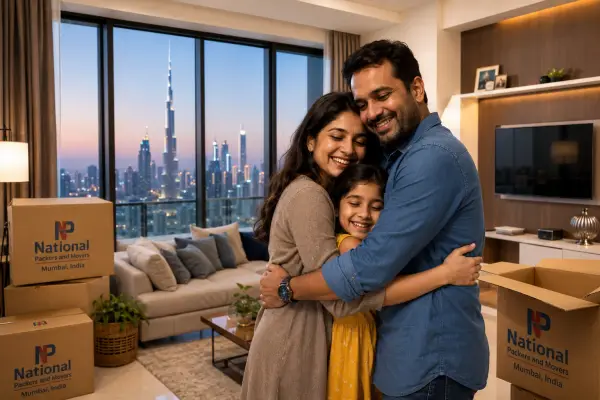 A joyful reunion inside a modern apartment in Dubai. An Indian family of three hugs happily in their newly furnished living room, surrounded by unpacked item…