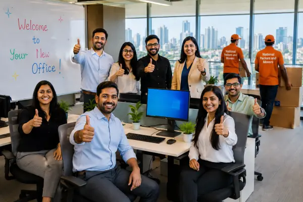 A triumphant Monday morning in a newly relocated Mumbai corporate office. A diverse team of 8 Indian professionals gathers in their fully set-up open-plan wo…