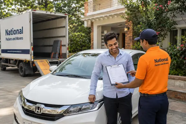 A satisfying vehicle delivery scene in a residential driveway in Bangalore. A young Indian man smiles broadly as he inspects his white Honda City sedan, just…