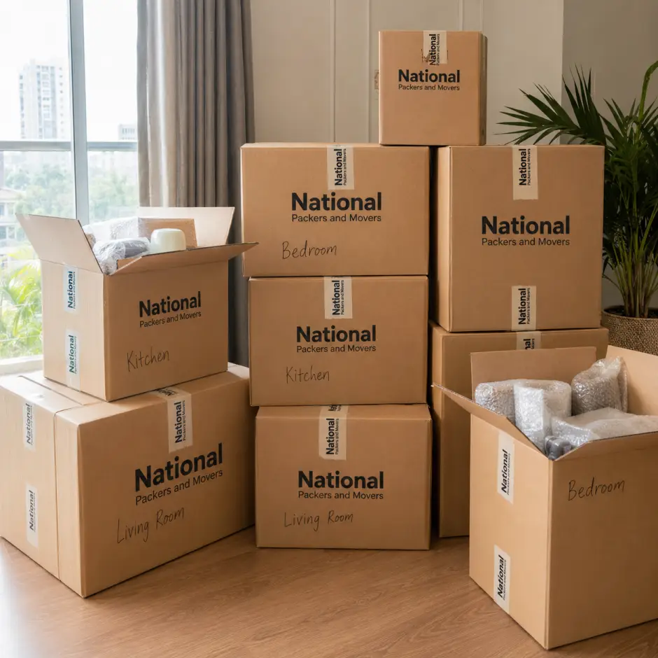 A perfectly organized stack of branded National Packers and Movers cardboard boxes in a Mumbai apartment during a move. The boxes are labeled 'National Packe…