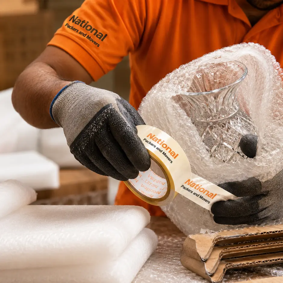 An extreme close-up detail shot of a mover's hands in work gloves carefully wrapping a delicate crystal vase with thick bubble wrap. The mover wears an orang…