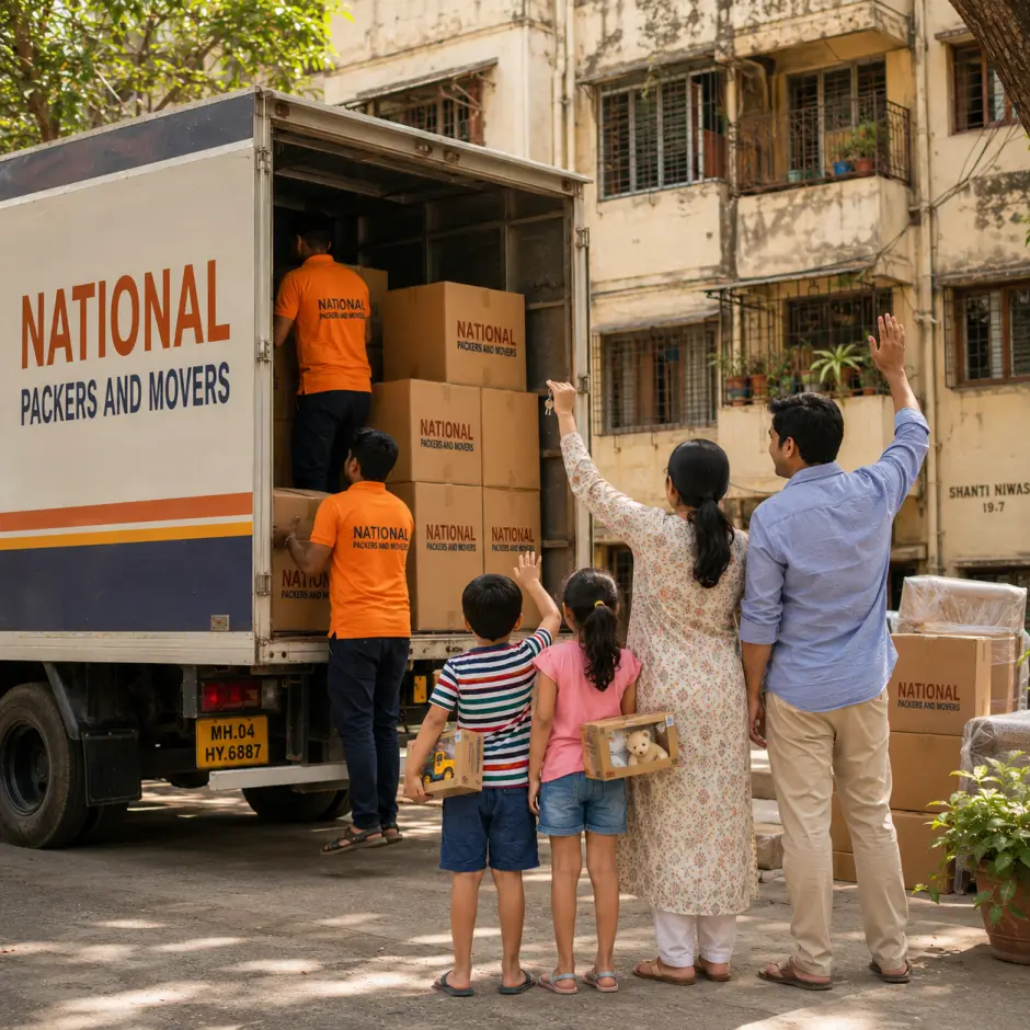A happy Indian family — father, mother, and two children — standing in front of their old Mumbai apartment building, waving goodbye as movers in orange T…