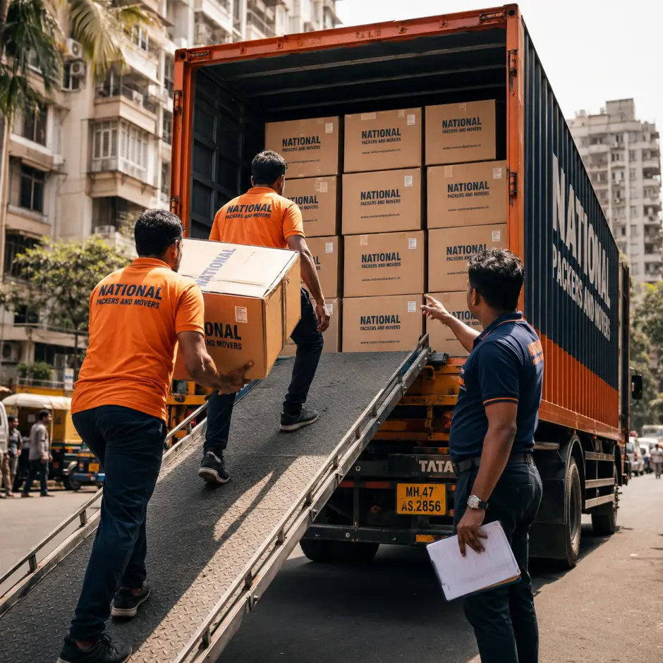 A dynamic action shot of two Indian movers in orange T-shirts with 'National Packers and Movers' in dark blue text loading heavy branded boxes up a hydraulic…