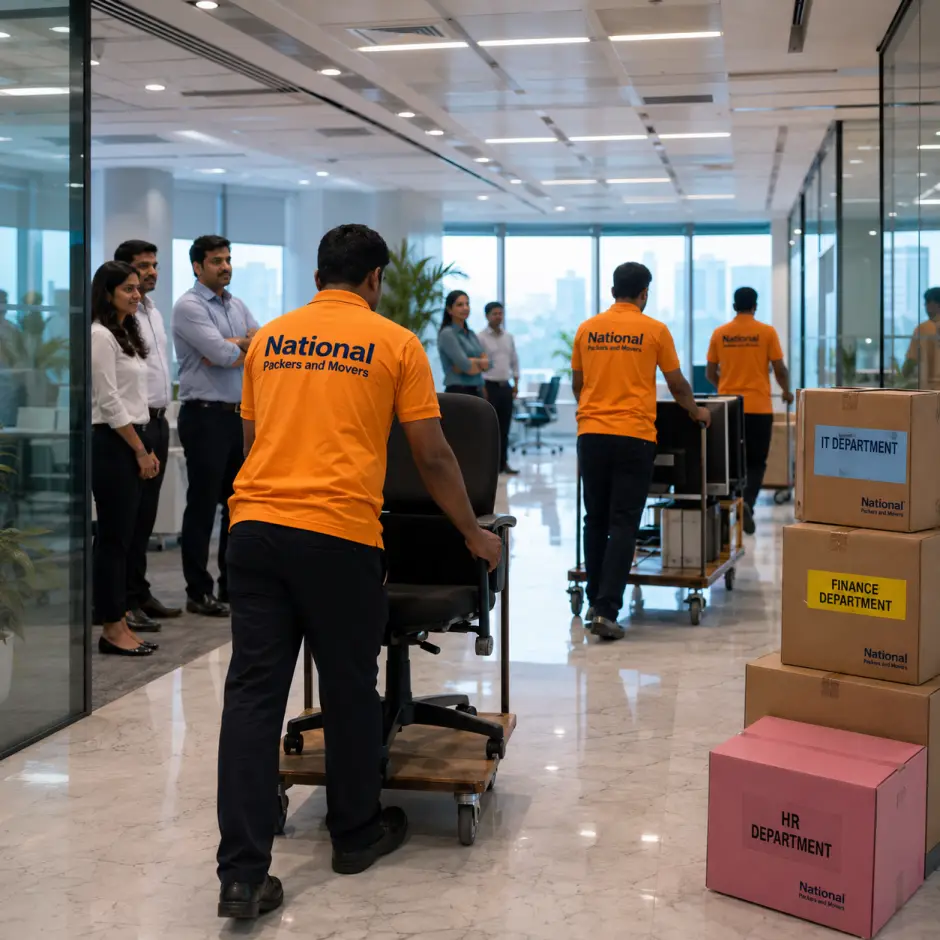 A corporate office move inside a glass-walled Mumbai skyscraper. Movers in orange T-shirts with 'National Packers and Movers' in dark blue text wheel executi…