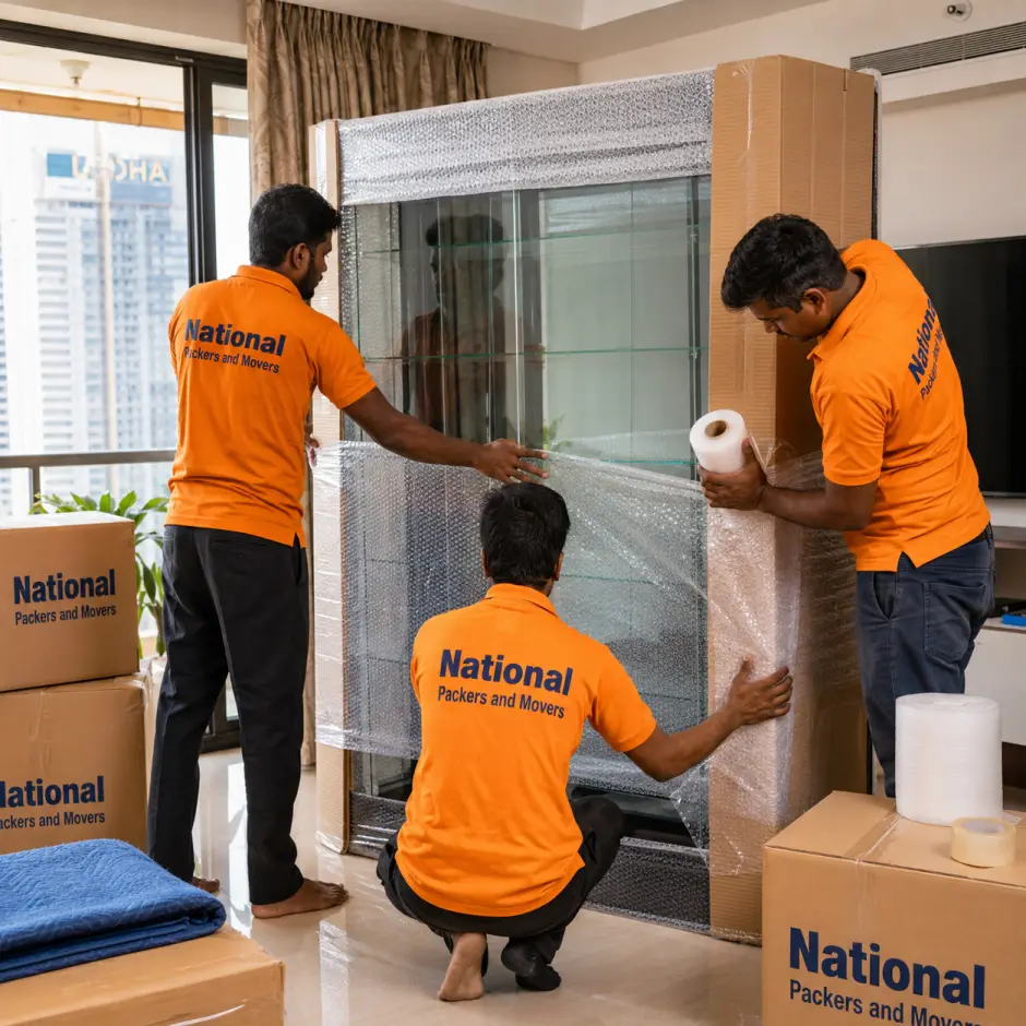 Three Indian movers from National Packers and Movers wearing clean orange T-shirts with 'National Packers and Movers' in bold dark blue text work together to…