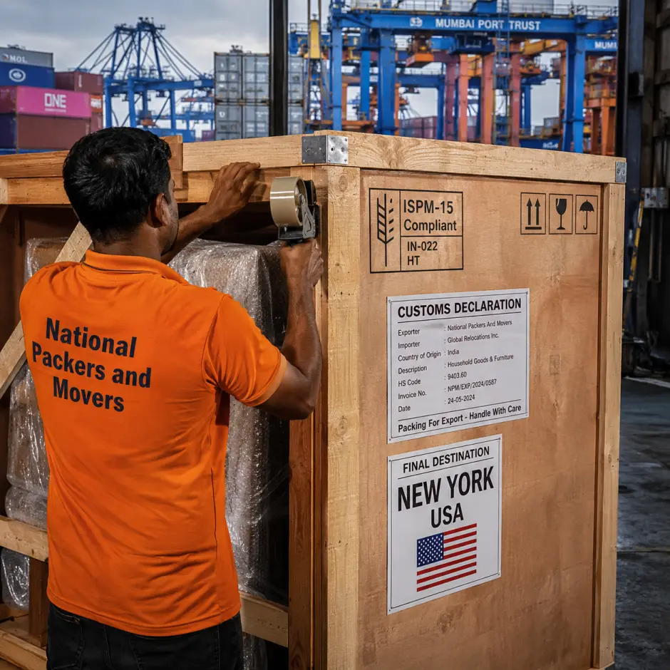 A close-up of a large ISPM-15 compliant wooden shipping crate being sealed by a mover in an orange T-shirt with 'National Packers and Movers' in dark blue te…