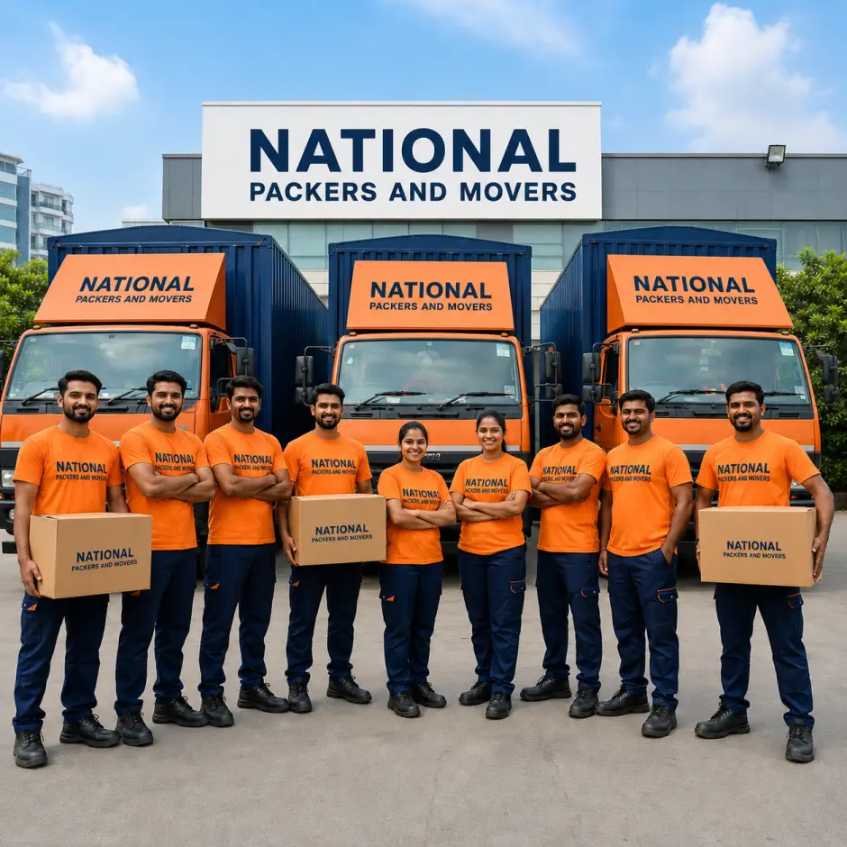 A proud group photo of 10 Indian National Packers and Movers employees standing in front of a fleet of three orange-and-dark-blue container trucks in a clean…