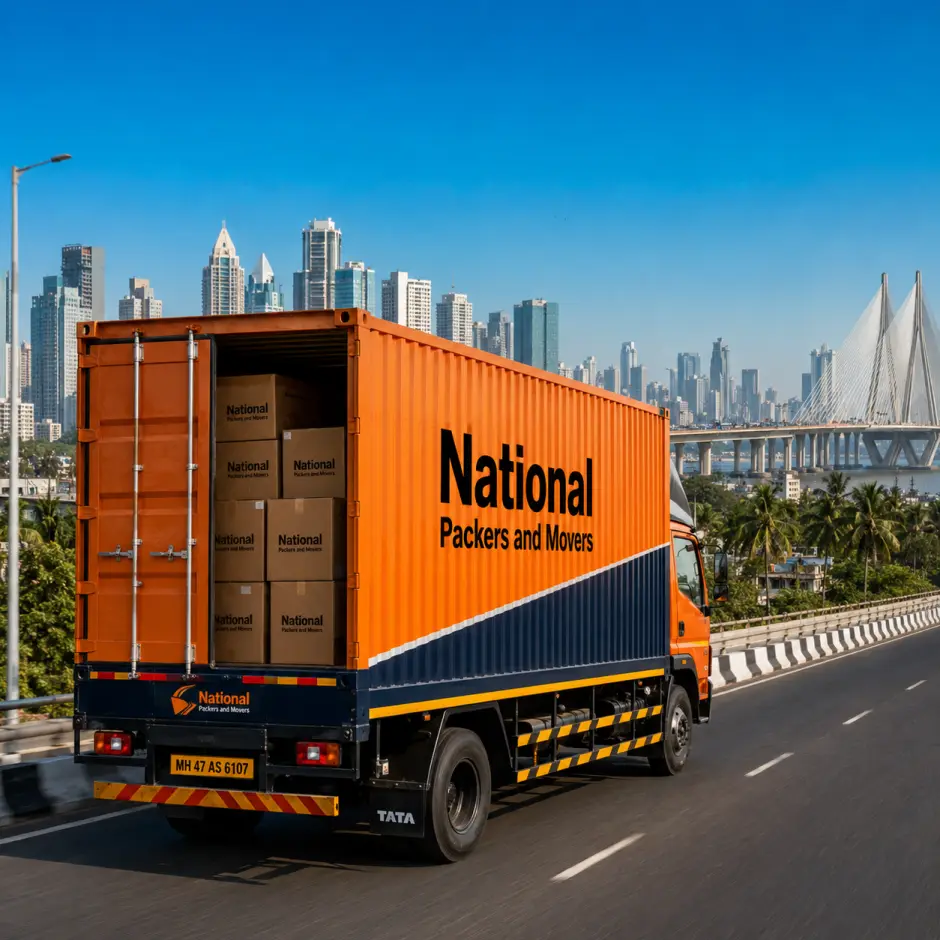 A single orange-and-dark-blue National Packers and Movers Tata container truck driving on the Mumbai Eastern Freeway with the city's iconic skyline in the ba…