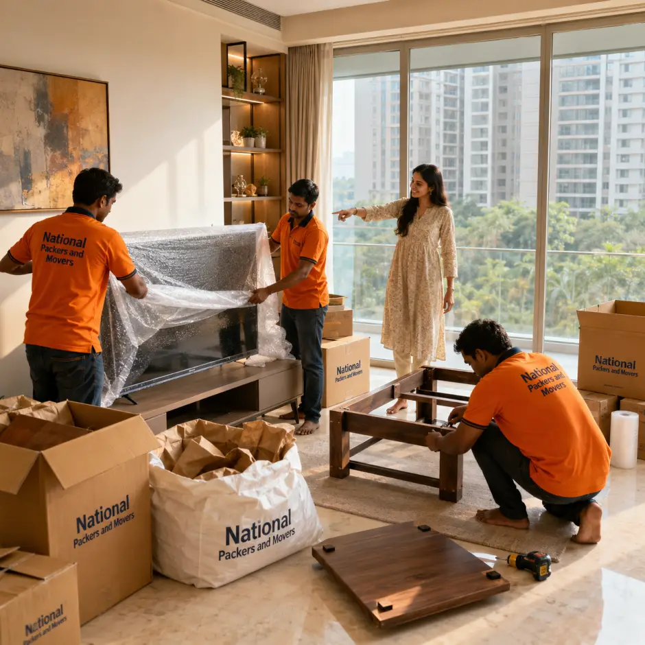 A careful unpacking scene inside a bright new Mumbai apartment. Two movers in orange T-shirts with 'National Packers and Movers' in dark blue text unwrap a b…