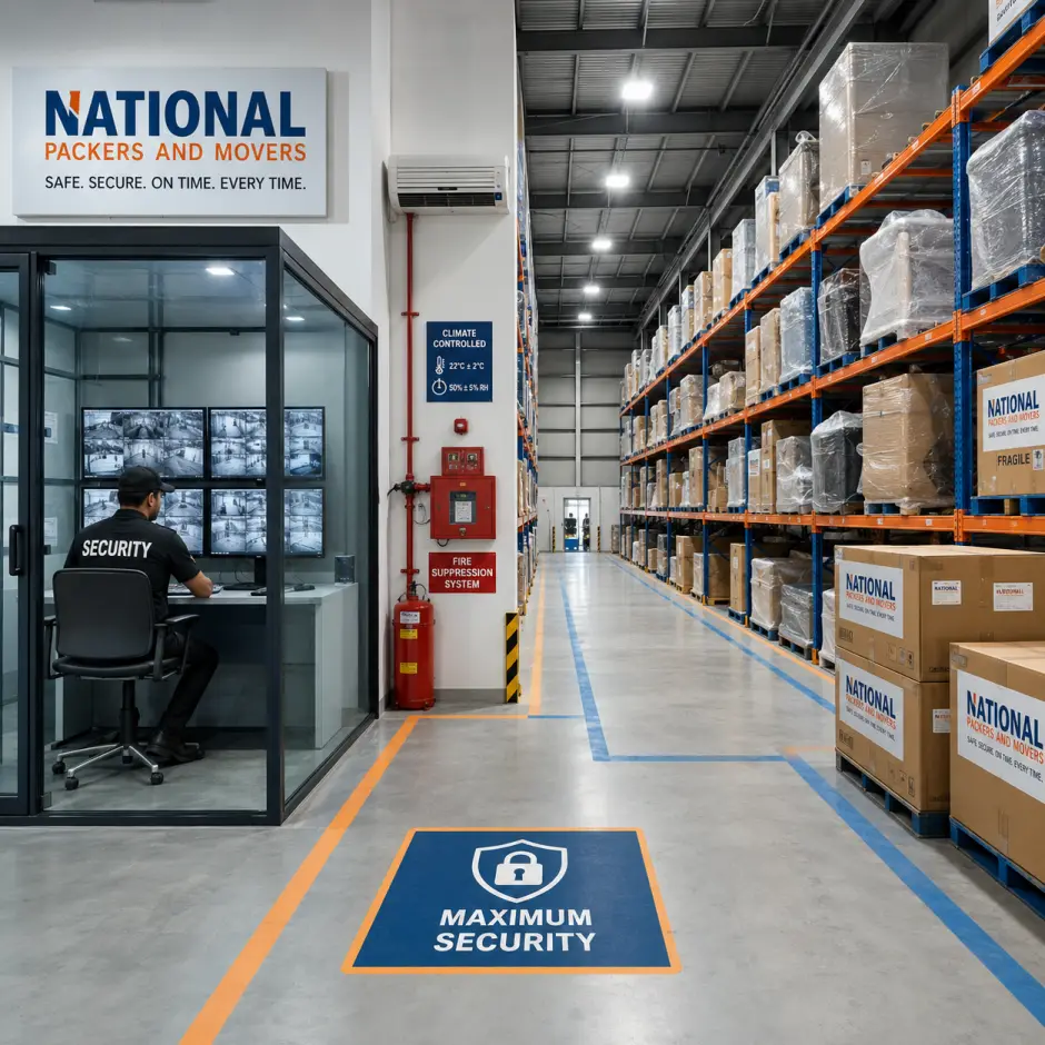 The interior of a clean, organized National Packers and Movers warehouse. Rows of metal shelving hold shrink-wrapped furniture, electronics, and stacked bran…