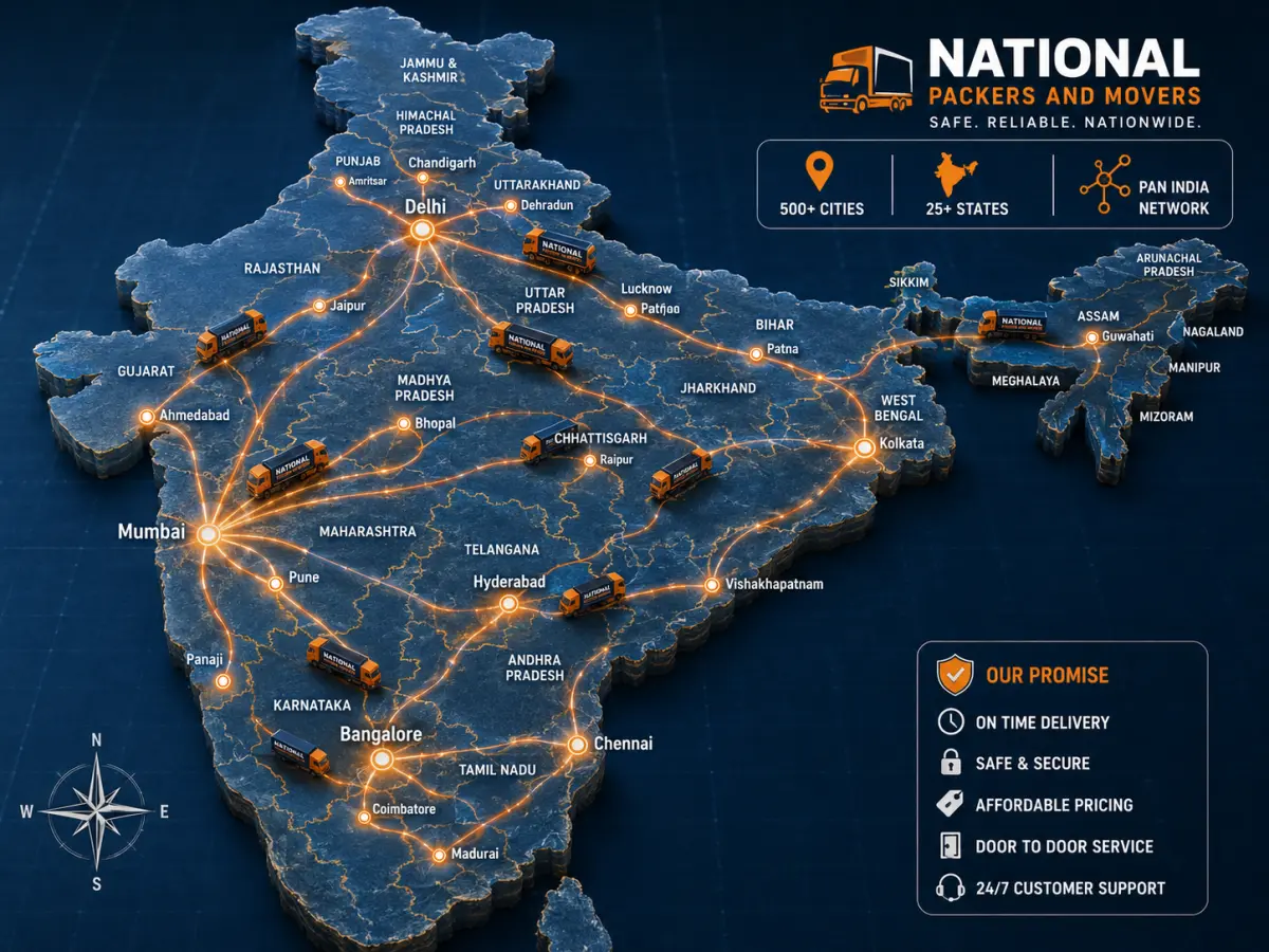 A detailed premium-quality 3D-rendered map of India showing all major states. Glowing orange route lines connect Mumbai to 25+ major cities including Delhi, …