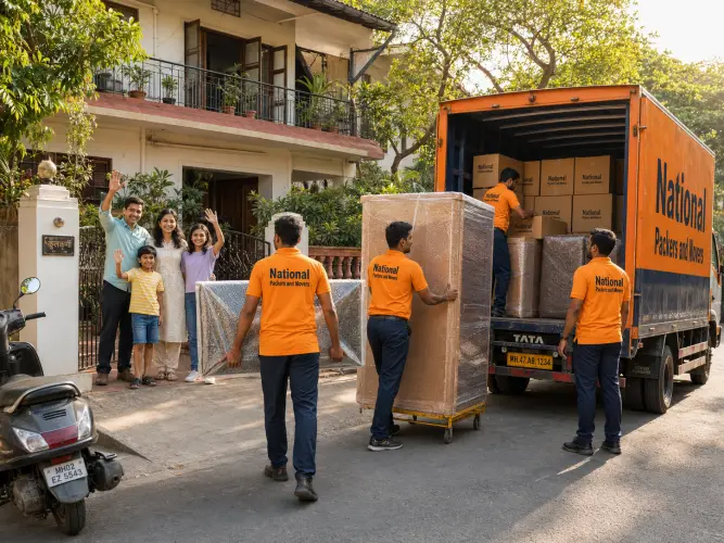 A complete family household relocation in front of a charming two-story Mumbai bungalow in a leafy residential lane. Four Indian movers in clean orange T-shi…