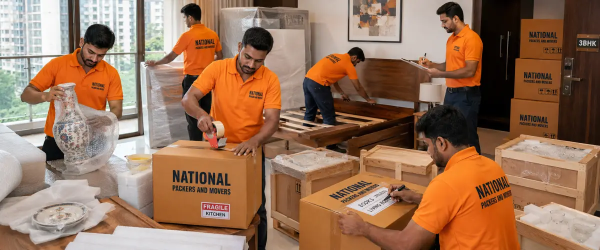An intensive packing day inside a spacious Mumbai 3BHK apartment. Five Indian movers in clean orange T-shirts with 'National Packers and Movers' in bold dark…
