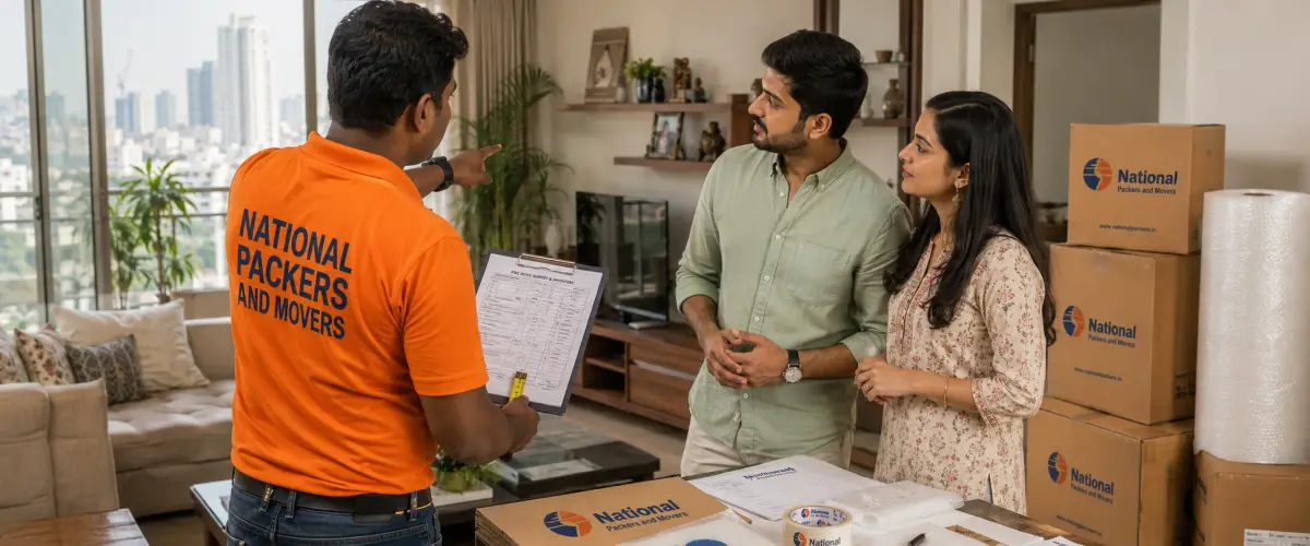 A professional pre-move survey inside a cozy Mumbai apartment living room. A National Packers and Movers supervisor in a clean orange T-shirt with 'National …