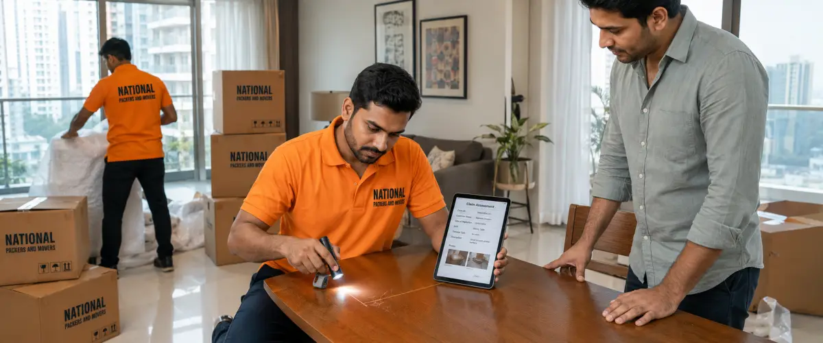 A professional insurance claims assessment in a customer's new Mumbai apartment. A National Packers and Movers claims surveyor in a clean orange T-shirt care…