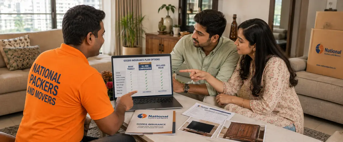 A thorough goods insurance consultation during a pre-move survey inside a Mumbai home. A National Packers and Movers insurance specialist in a clean orange T…