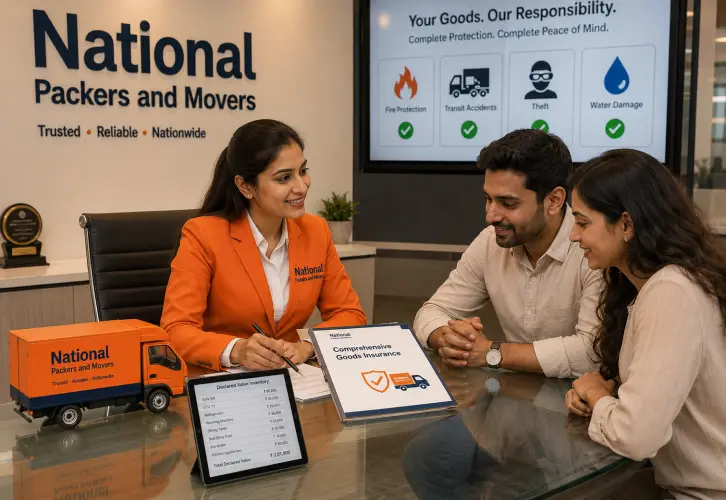 A reassuring goods insurance consultation in a modern National Packers and Movers customer service center in Mumbai. A friendly female insurance coordinator …
