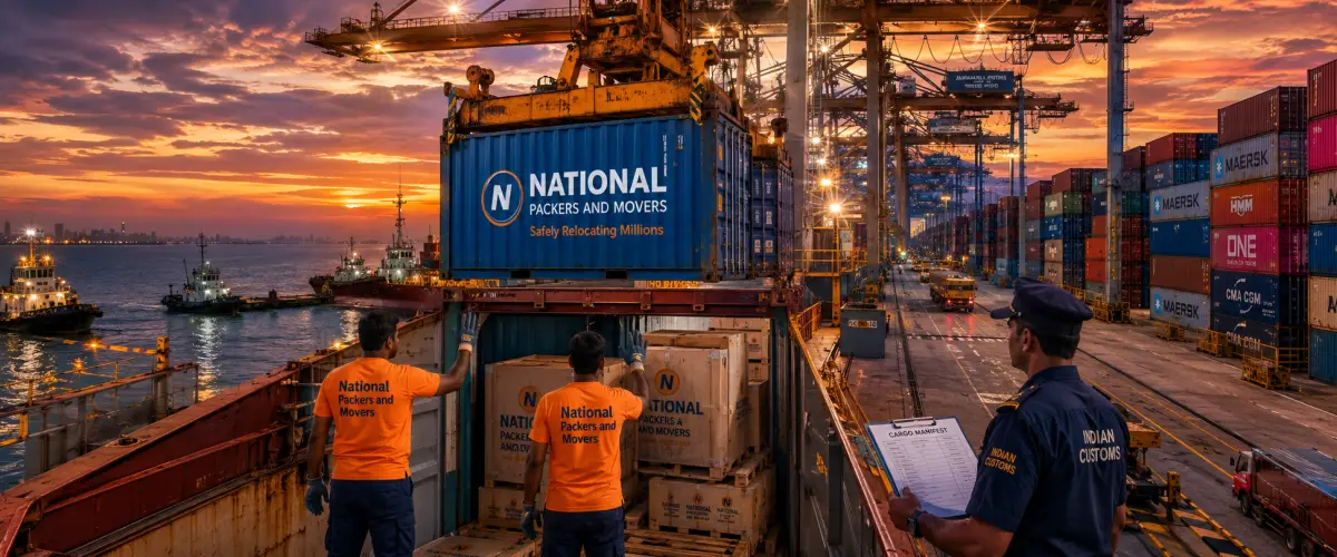 A dramatic container loading scene at Mumbai's Jawaharlal Nehru Port at dusk. A massive gantry crane lowers a bright blue shipping container onto a cargo shi…
