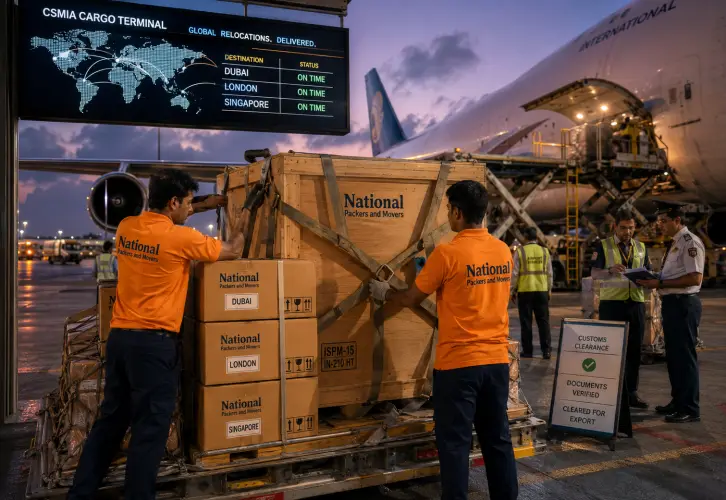 An international relocation scene at Mumbai's Chhatrapati Shivaji Maharaj International Airport cargo terminal. Two Indian movers in clean orange T-shirts wi…
