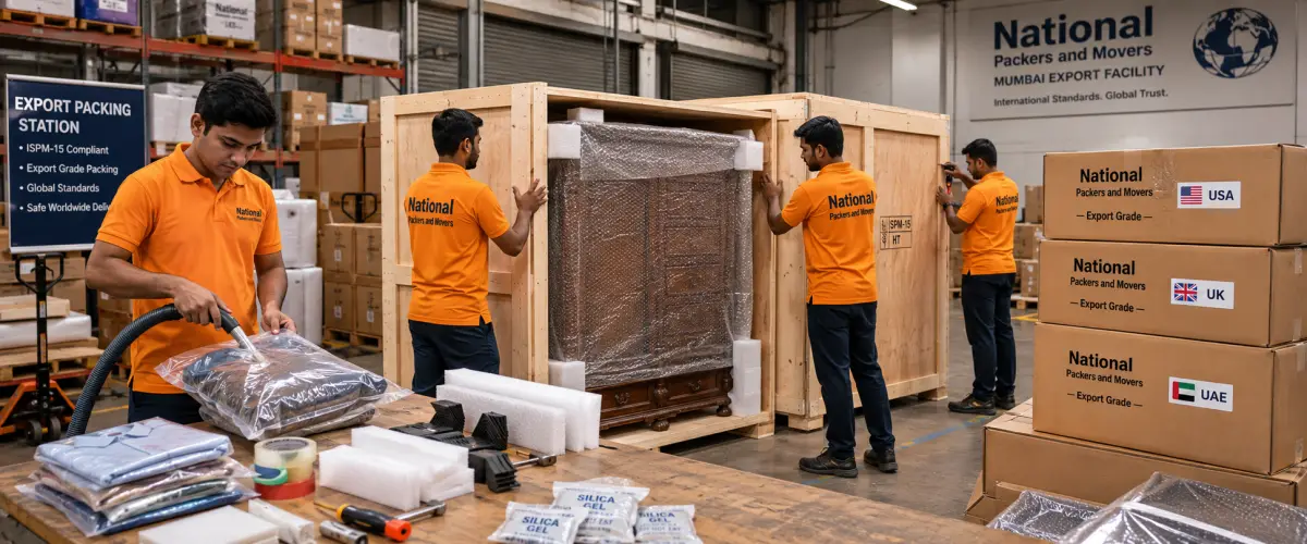 An expert export packing operation inside a National Packers and Movers Mumbai export facility. Three Indian movers in clean orange T-shirts with 'National P…