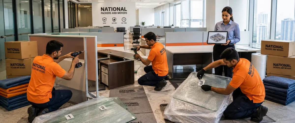 A professional modular furniture disassembly scene inside a large open-plan Mumbai office with glass partitions and city views. Three Indian movers in clean …