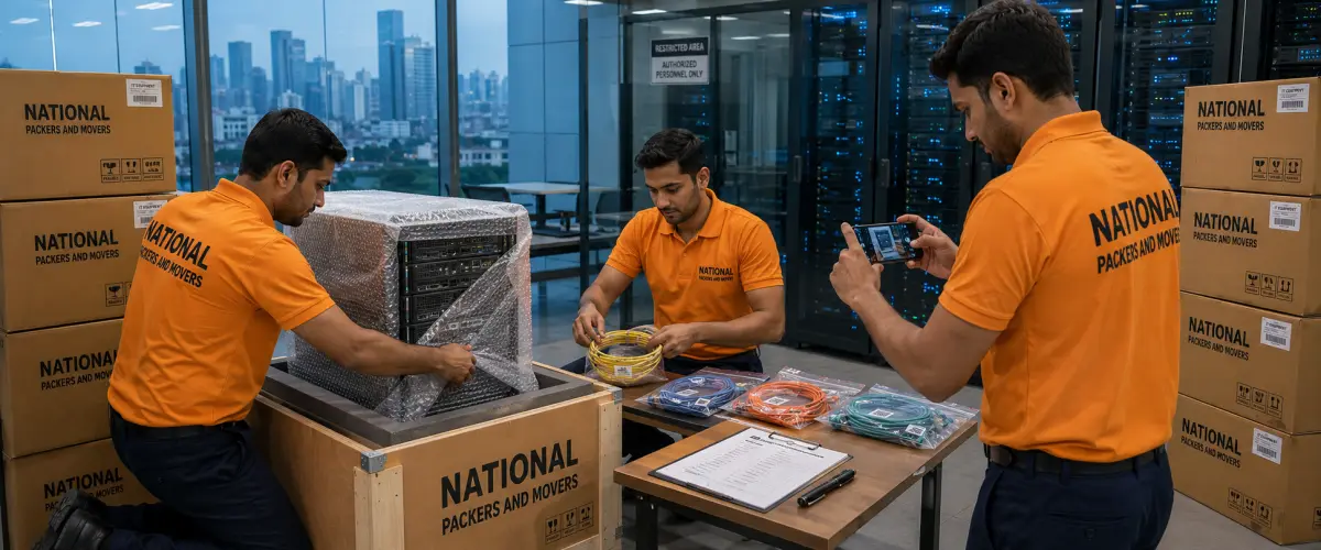 A meticulous IT equipment packing process inside a modern Mumbai corporate office server room. Two Indian movers in clean orange T-shirts with 'National Pack…