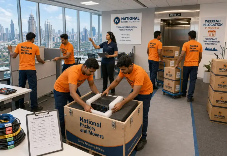 A large-scale corporate office relocation over a weekend in a premium Mumbai commercial tower. Six Indian movers in clean orange T-shirts with 'National Pack…
