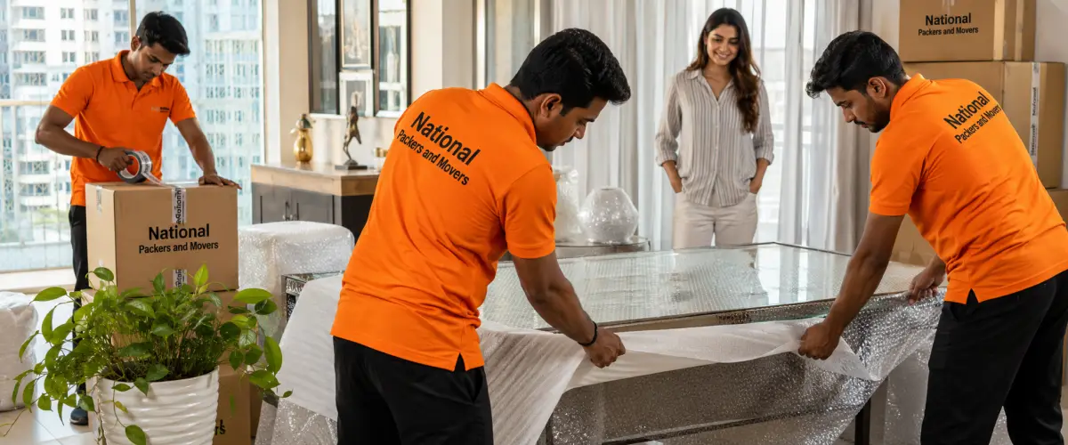 A bright household packing scene inside a spacious Mumbai apartment living room. Two Indian movers in clean orange T-shirts with 'National Packers and Movers…