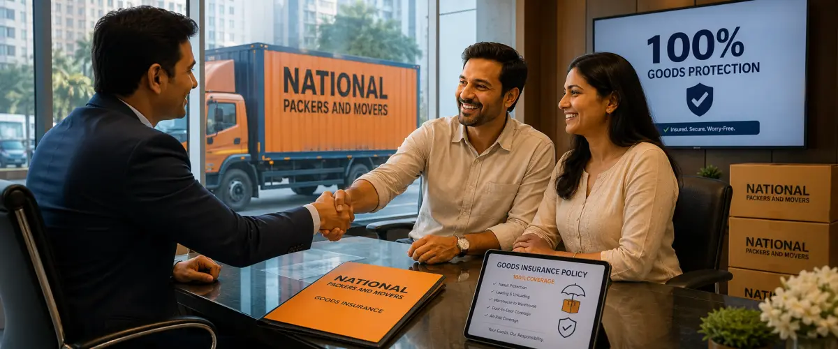 A trust-themed scene in a modern Mumbai office. A professional Indian insurance coordinator shakes hands with a satisfied customer couple across a glass desk…