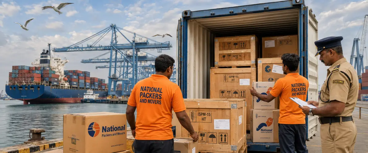 A dynamic international shipping scene at Mumbai's Jawaharlal Nehru Port Trust. Two Indian movers in clean orange T-shirts with 'National Packers and Movers'…