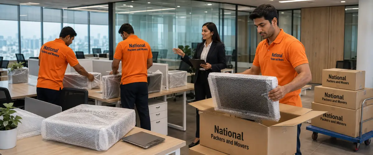 A professional corporate office relocation inside a modern Mumbai commercial building with glass walls and city views. Three Indian movers in clean orange T-…