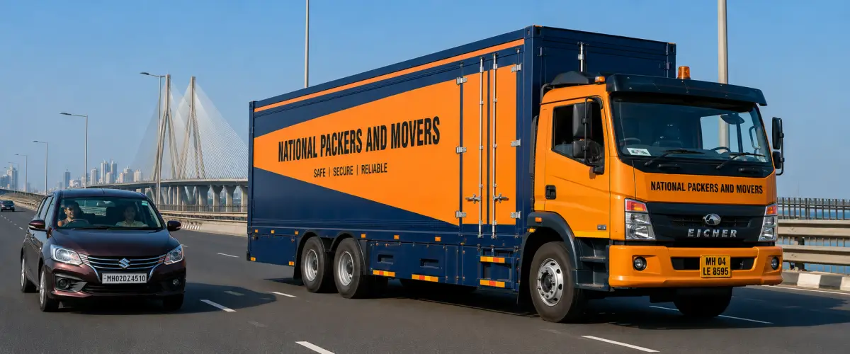 A specialized vehicle transport scene on a wide Mumbai highway with the Bandra-Worli Sea Link visible. A large orange-and-dark-blue multi-car carrier truck w…