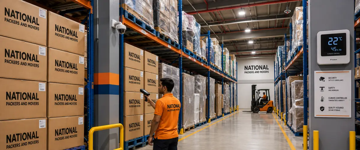 The interior of a modern National Packers and Movers climate-controlled warehouse in Mumbai. Tall metal racking systems hold neatly stacked branded cardboard…