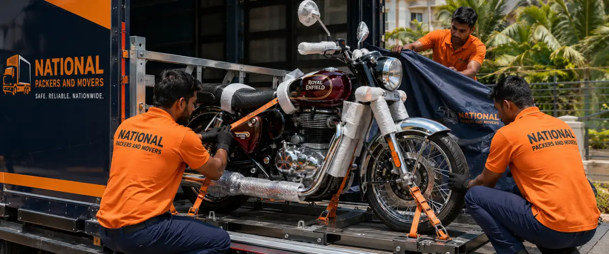 A detailed close-up of a Royal Enfield Classic 350 motorcycle being secured inside a dedicated bike transport frame on a National Packers and Movers carrier …
