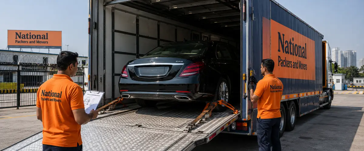 A premium enclosed vehicle carrier trailer in a secure Mumbai transport yard. The trailer's rear ramp is open, revealing a sleek black Mercedes-Benz sedan pe…