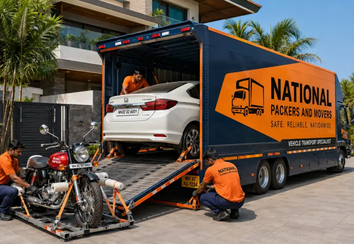 A premium enclosed vehicle carrier trailer parked in a clean Mumbai residential driveway. The trailer is dark blue with orange accents and 'National Packers …