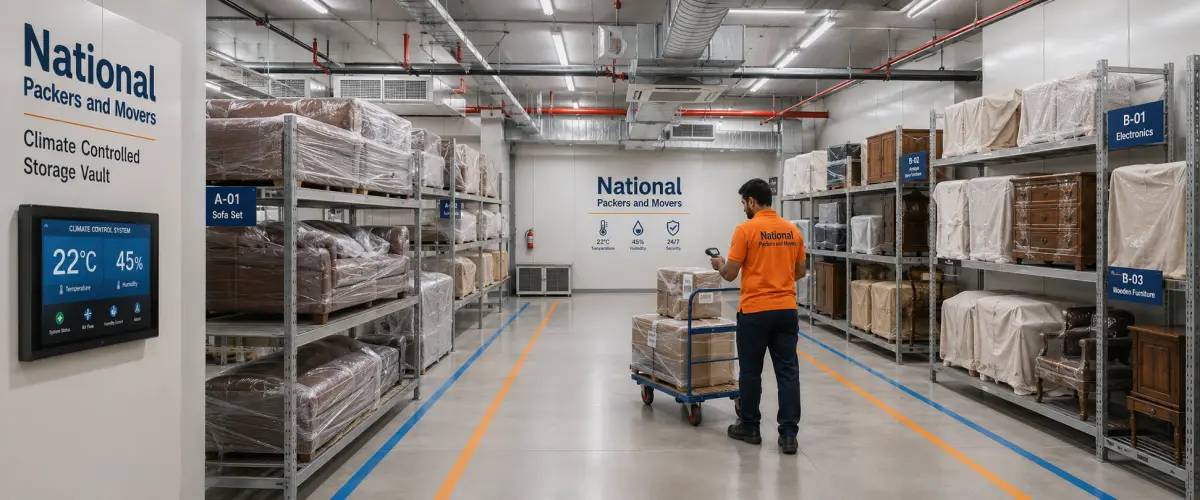 The interior of an advanced climate-controlled storage vault inside a National Packers and Movers Mumbai warehouse. Rows of metal shelving hold shrink-wrappe…