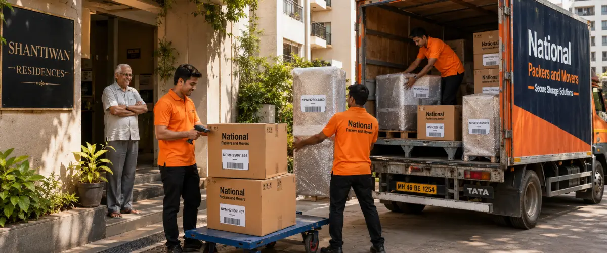 A professional home-to-warehouse collection scene at a Mumbai apartment building entrance. Three Indian movers in clean orange T-shirts with 'National Packer…