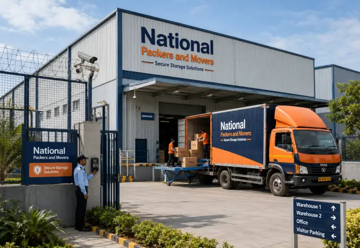 The exterior of a modern National Packers and Movers warehousing facility in an industrial zone near Mumbai. The building features a professional sign readin…